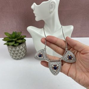 Silver Blue White Pearl Beaded Statement Necklace Women Jewelry